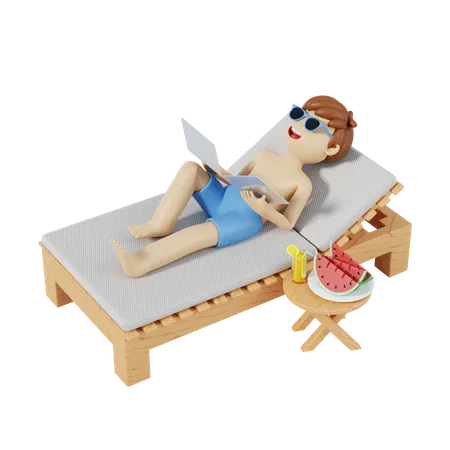Boy Relaxing At Beach On Chair  3D Illustration