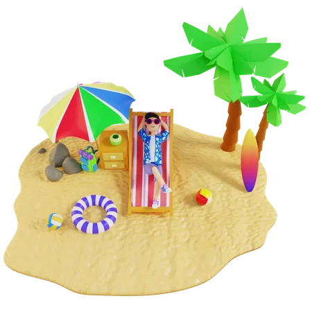 Boy relaxing On Island  3D Illustration