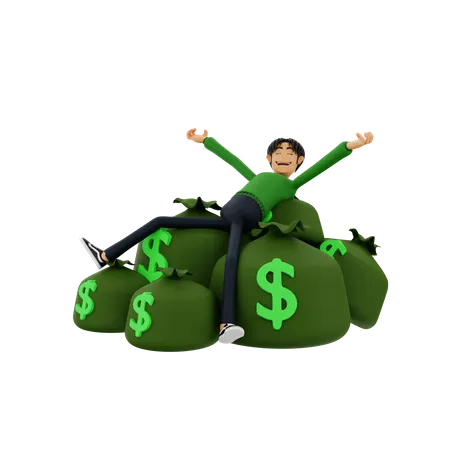 Boy relaxing on money bags  3D Illustration