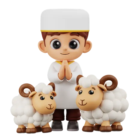 Boy Respecting Sheep  3D Illustration