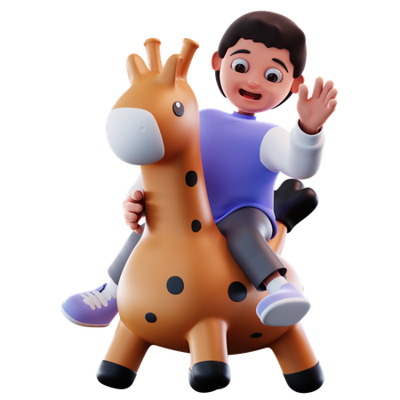 Boy Rides A Bouncing Toy Giraffe  3D Illustration