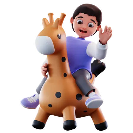 Boy Rides A Bouncing Toy Giraffe  3D Illustration