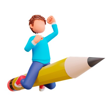 Boy riding a pencil  3D Illustration