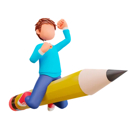 Boy riding a pencil  3D Illustration