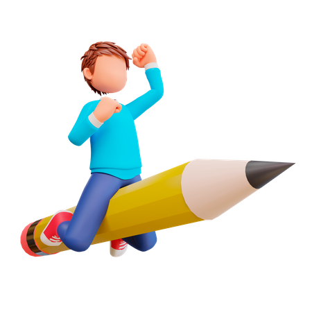Boy riding a pencil 3D Illustration