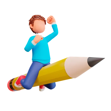 Boy riding a pencil 3D Illustration