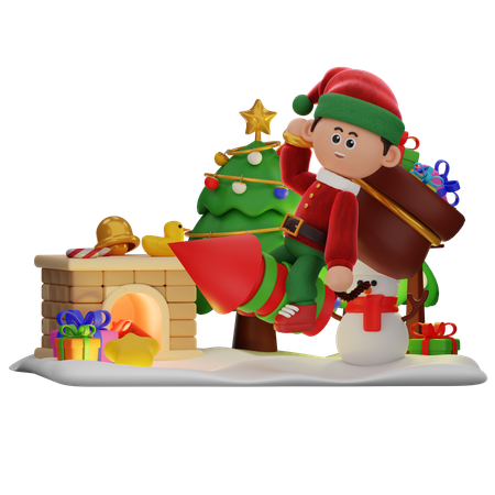 Boy Riding Firecracker While Bring Sack Of Gifts  3D Illustration