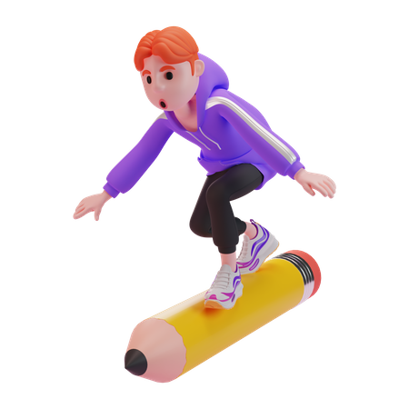 Boy riding pencil  3D Illustration