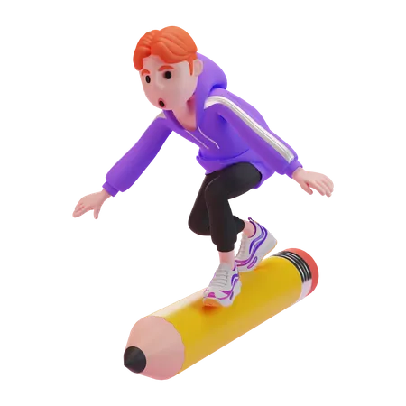 Boy riding pencil  3D Illustration