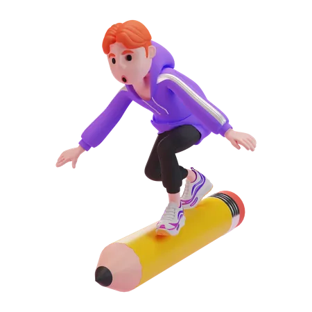 Boy riding pencil 3D Illustration