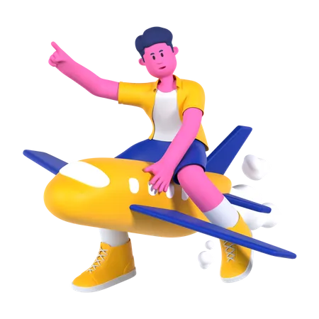 Boy Riding Plane  3D Illustration