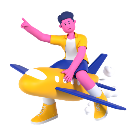 Boy Riding Plane  3D Illustration