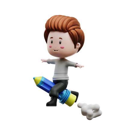 Boy riding rocket pencil  3D Illustration