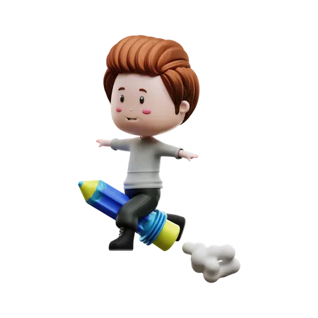 Boy riding rocket pencil 3D Illustration