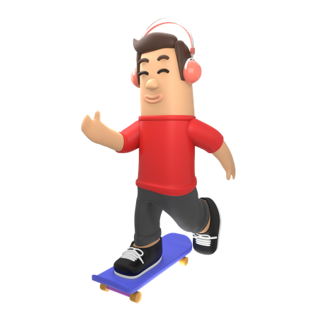 Boy riding skateboard while listening music  3D Icon