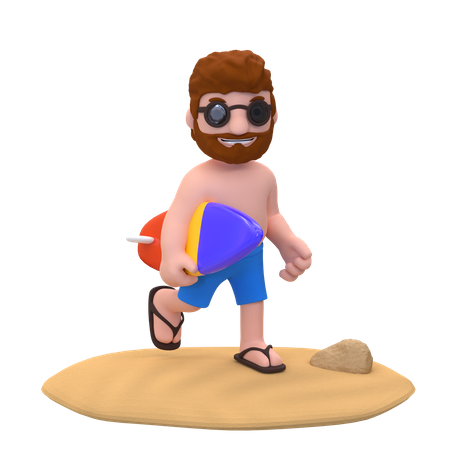 Boy running while carrying surfboard on the beach  3D Illustration