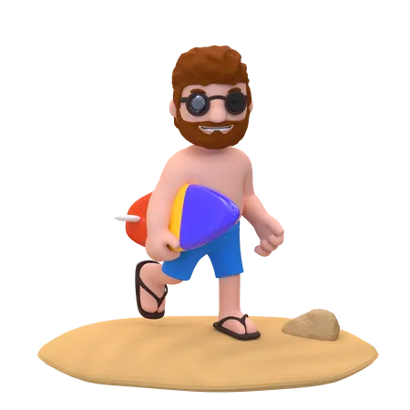 Boy running while carrying surfboard on the beach  3D Illustration