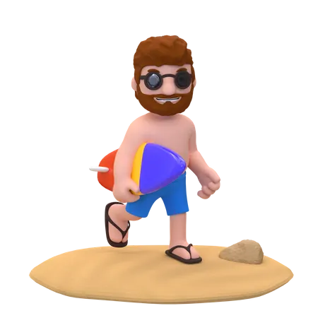 Boy running while carrying surfboard on the beach 3D Illustration