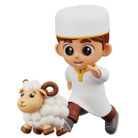 Boy Running With Sheep  3D Illustration