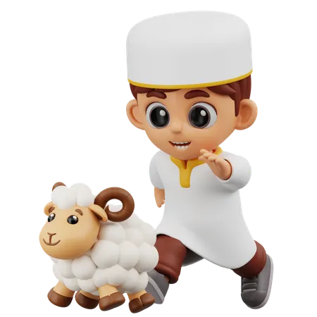 Boy Running With Sheep  3D Illustration