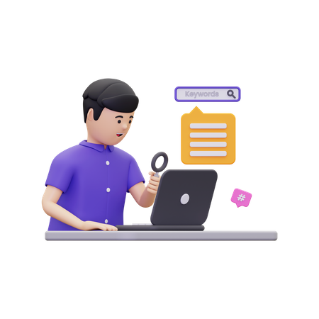 Boy searching marketing keyword  3D Illustration