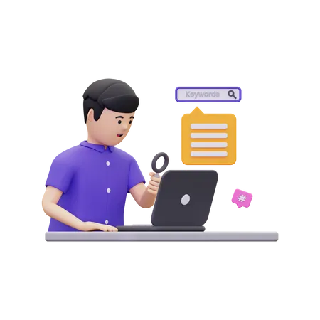 Boy searching marketing keyword  3D Illustration