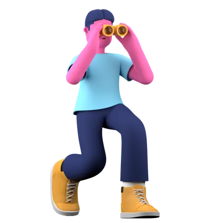 Boy searching using binoculars  3D Illustration
