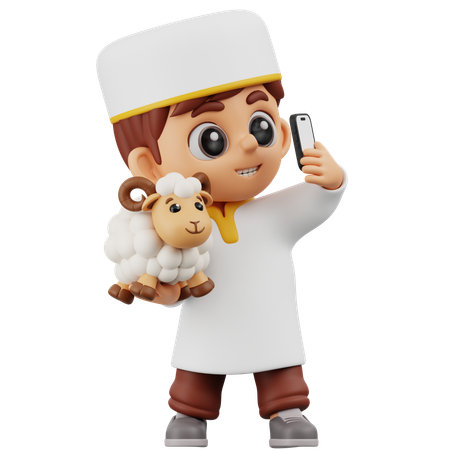Boy Selfie With Sheep  3D Illustration