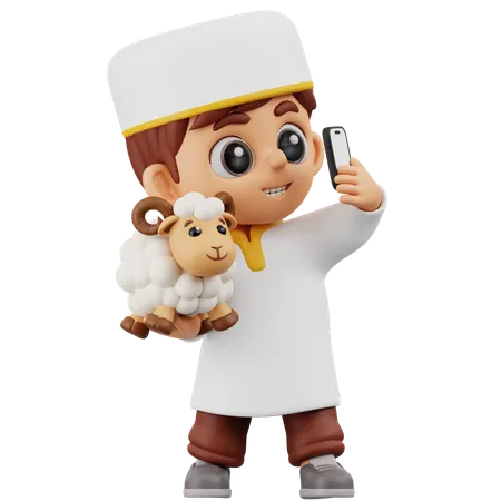 Boy Selfie With Sheep  3D Illustration