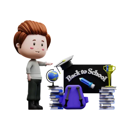 Boy showing Back to school board  3D Illustration