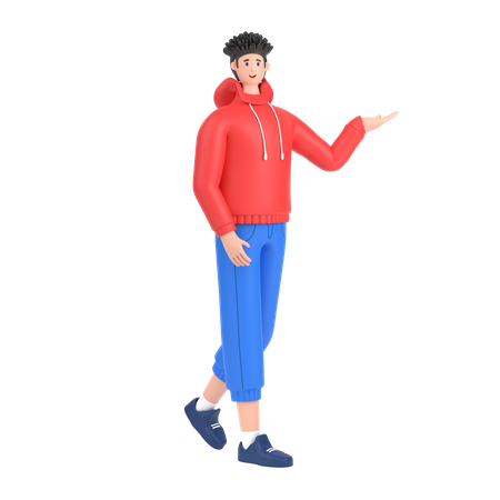 Boy showing empty copy space on open hand palm 3D Illustration