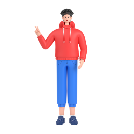 Boy showing fingers doing victory sign  3D Illustration