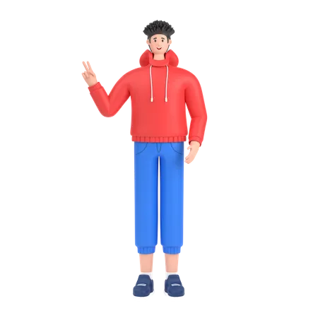 Boy showing fingers doing victory sign  3D Illustration