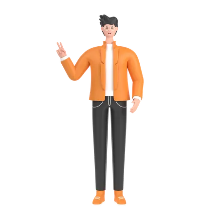 Boy showing fingers doing victory sign  3D Illustration