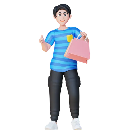 Boy Showing Thumbs Up While Holding Shopping Bags  3D Illustration