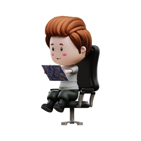 Boy sitting and reading a book 3D Illustration