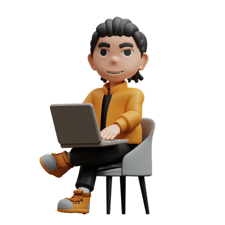 Boy Sitting By Typing On Laptop  3D Icon