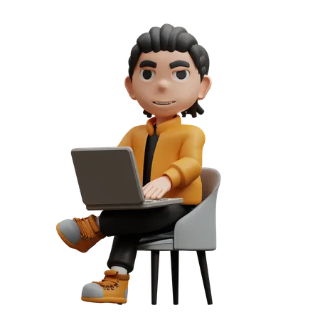 Boy Sitting By Typing On Laptop  3D Illustration