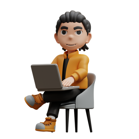 Boy Sitting By Typing On Laptop  3D Illustration