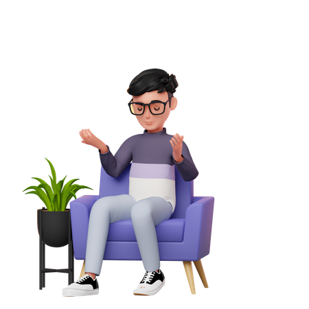 Boy Sitting On A Sofa Thinking  3D Icon