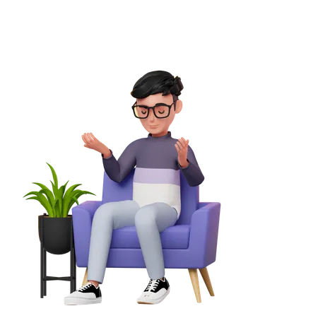 Boy Sitting On A Sofa Thinking  3D Illustration