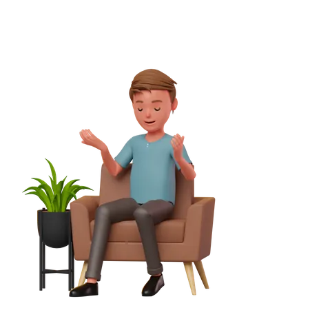 Boy Sitting On A Sofa Thinking  3D Illustration