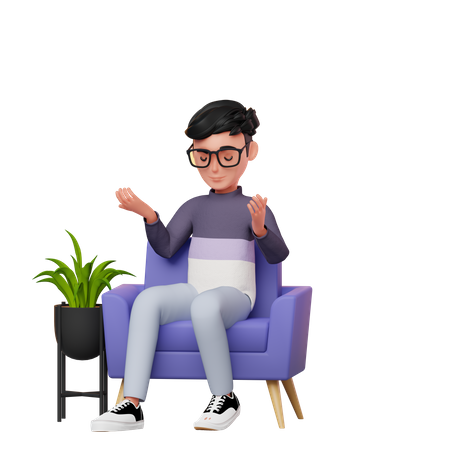 Boy Sitting On A Sofa Thinking 3D Illustration