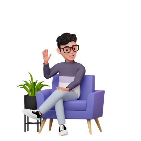 Boy Sitting On A Sofa Waving Hand  3D Icon