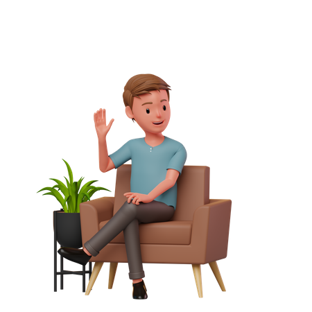 Boy Sitting On A Sofa Waving Hand  3D Icon