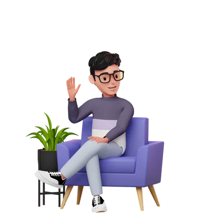 Boy Sitting On A Sofa Waving Hand  3D Illustration