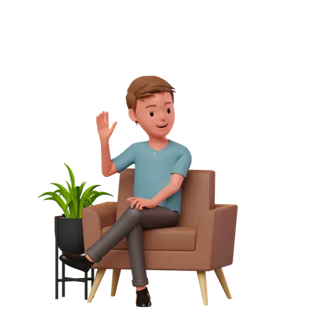 Boy Sitting On A Sofa Waving Hand  3D Illustration