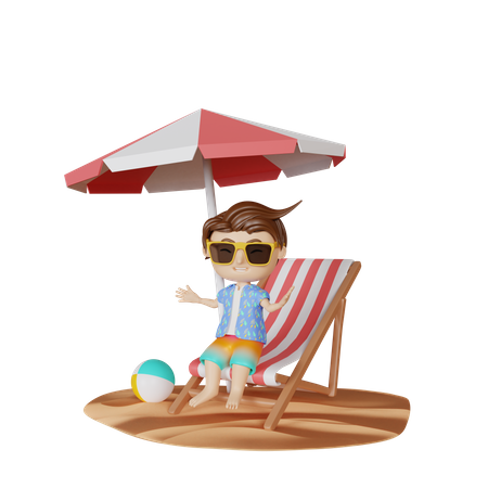 Boy sitting on beach chair 3D Illustration