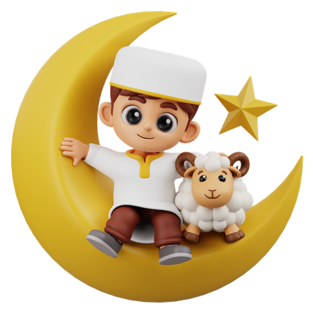 Boy Sitting On Crescent Moon  3D Icon