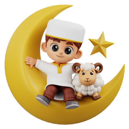 Boy Sitting On Crescent Moon  3D Illustration